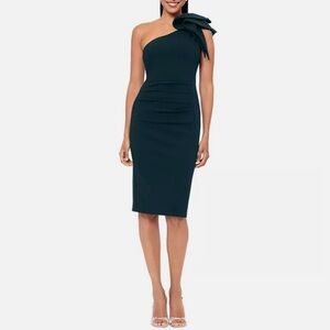 Betsy & Adam One Shoulder Dress in Dark Green